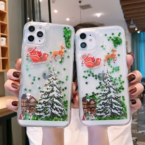 Christmas quicksand clear iPhone case with Santa Claus and snowy tree design protective cover