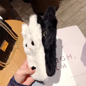 Fluffy plush cute cat phone case black white soft furry protective cover for smartphone