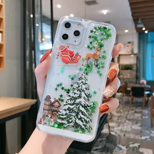 Clear Christmas liquid quicksand phone case compatible with iPhone, featuring Santa tree design.