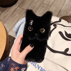 Cute black cat plush phone case for iPhone 15 Pro Max 13 14 fluffy furry animal cover warm