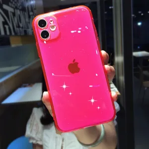 Bright pink glitter TPU phone case detail, shiny candy color protective cover view.