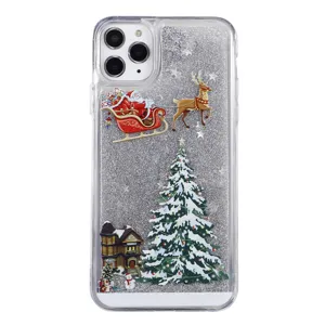 Clear liquid glitter phone case with Christmas tree and Santa design for iPhone protection.