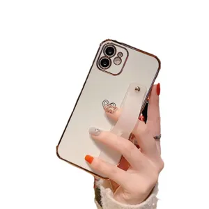 Electroplated heart phone case with strap bracket for Apple iPhone, stylish and protective.