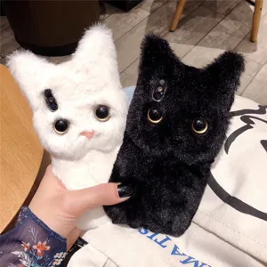 Plush cat ear phone case for iPhone 15 Pro Max, cute fluffy black and white protective cover.