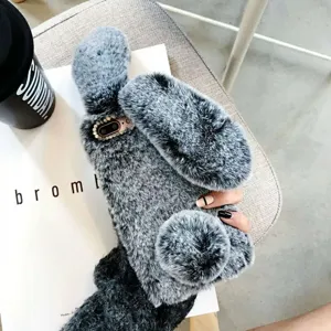 Pluche konijnenoor telefoonhoesje winter warme beschermende hoes voor iPhone met strass