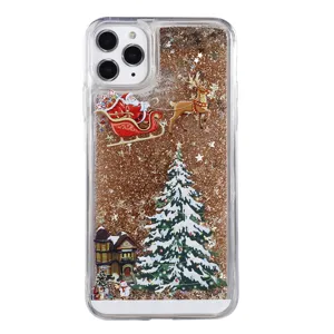 Christmas liquid glitter phone case with cute santa tree design, clear protective back cover.