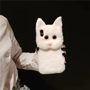 White plush cat phone case detail showing soft fluffy texture and cute large eyes.