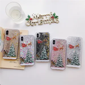 Christmas liquid glitter phone case for iPhone, cute snow tree mobile cover TPU protective shell