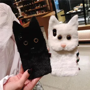 Cute cat plush phone case fluffy winter warm mobile shell for iPhone 15 14 13 Pro Max