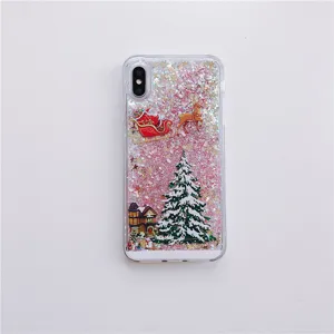 Christmas liquid quicksand clear phone case for iPhone, festive glitter protective back cover