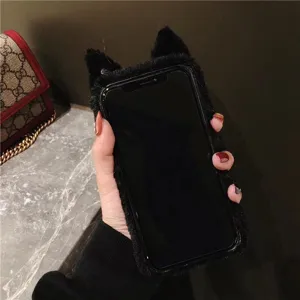 Cute black cat ear plush phone case detail view, soft furry protective cover for iPhone.