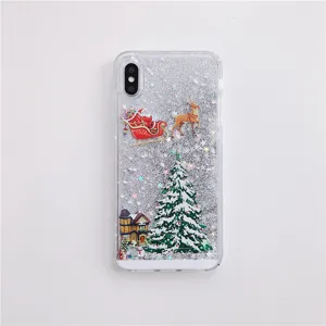 Clear liquid glitter phone case featuring a festive Christmas tree, Santa, and reindeer design.
