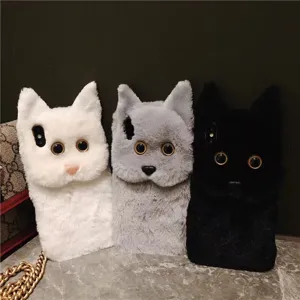 Cute fluffy cat phone case plush soft protective cover for iPhone 15 Pro Max 13 8 Plus