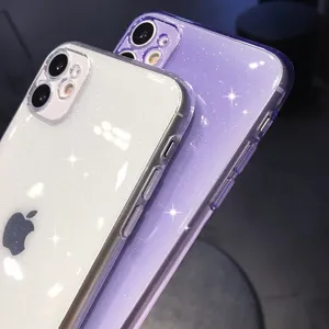 Close-up view of shiny glitter TPU phone case details, sparkling candy color surface texture.