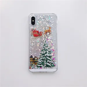 Christmas quicksand phone case with Santa reindeer and snow tree for iPhone models.