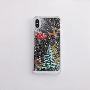 Christmas liquid glitter phone case for iPhone 15 Pro Max 13, clear Santa Claus snow cover.