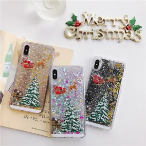 Detail view of Christmas liquid glitter phone case with floating snow and cute holiday theme.
