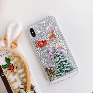 Christmas liquid glitter phone case with cute Santa and tree design for mobile protection.