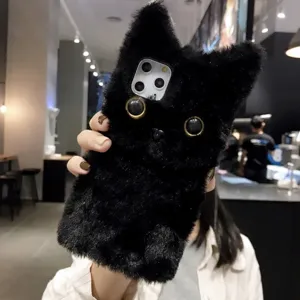 Cute black cat plush phone case for iPhone 15 Pro Max 13 8 Plus XR furry protective cover