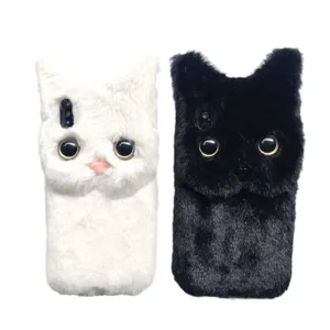 Cute cat plush phone case for iPhone 15 Pro Max 13 14 8 Plus furry animal protective cover
