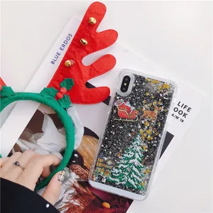 Christmas quicksand phone case for iPhone, transparent glitter protective cover with holiday design.