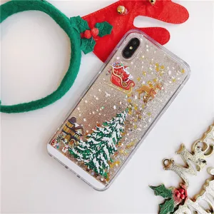 Christmas glitter liquid phone case featuring Santa and tree design for festive style.