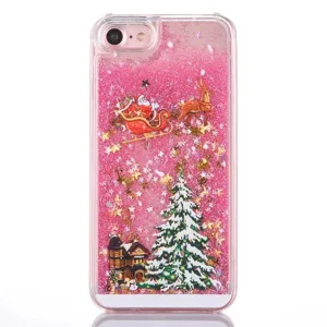 Christmas glitter liquid phone case detail, pink quicksand back cover with festive holiday decor.