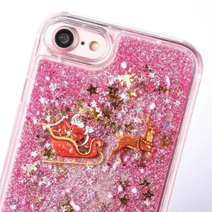 Pink glitter Christmas phone case with Santa Claus and reindeer design for iPhone protection.