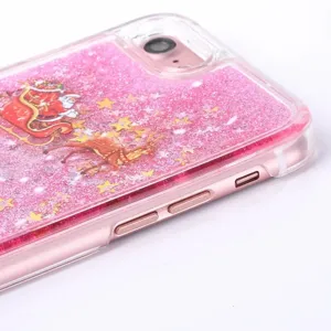 Pink glitter liquid quicksand phone case with cute Christmas Santa and reindeer design.