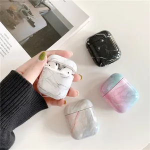 Detailed close up showcase of stylish marble pattern wireless earphone protective case design.