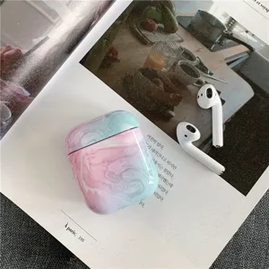 Pastel marble pattern wireless earphone protective case close-up display, exquisite detail.
