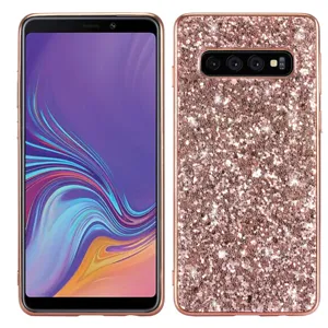 Glitter electroplated full coverage phone case detail view, sparkling back design and screen.