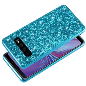 Blue glitter phone case with electroplated frame, sparkly shiny protective cover for smartphone