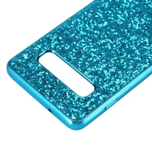 Close-up detail of blue glitter phone case electroplated hard back cover sparkling texture