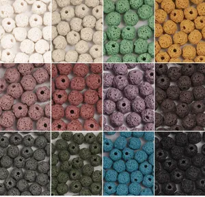 Close-up details of multi-color volcanic lava stone round beads, ideal for DIY jewelry.