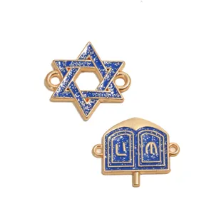 Chanukah Star of David and Torah tablets alloy charms set, blue glitter DIY jewelry making.