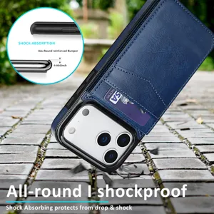 Blauwe lederen portemonnee hoesje met kaartvakken en schokbestendige bumper voor iPhone.