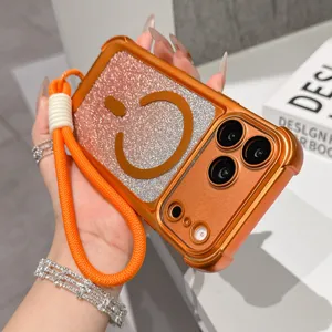 Custodia per telefono magnetica glitterata con cordino per iPhone 16 15 Pro Max antiurto.