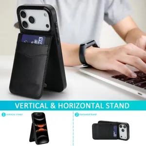Zwarte lederen telefoonhoesje met kaartsleuf en verticale horizontale standaardfunctie