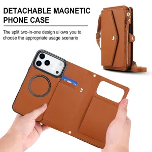 Custodia a portafoglio magnetica rimovibile con porta carte e tracolla per iPhone.