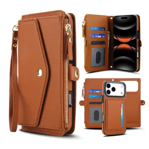 Custodia a portafoglio in pelle marrone con vari porta carte e pratico design staccabile.