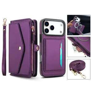 Custodia a portafoglio multifunzionale in pelle viola con tasca per carte e tracolla.