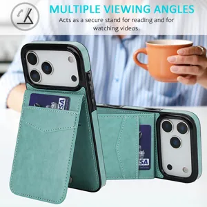 Turquoise lederen klaphoesje voor de telefoon met kaartsleuven en handige multi-angle standaard.