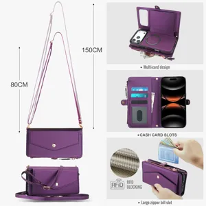 Custodia portafoglio in pelle Magsafe viola con porta carte, tasca con zip e tracolla.