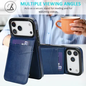 Blauw lederen klaptelefoonhoesje met kaartsleuf en standaard voor iPhone en videoweergave.
