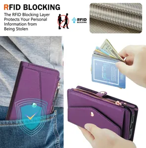 Custodia a portafoglio in pelle multifunzionale con blocco RFID, fessure per carte e magnete.