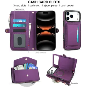 Custodia a portafoglio in pelle multifunzionale con porta carte, tasca e supporto MagSafe.