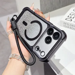 Custodia per telefono magnetica glitterata con cordino nero, antiurto per iPhone.