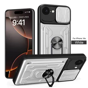 Ανθεκτική θήκη κινητού για iPhone με συρόμενο κάλυμμα κάμερας και μεταλλική βάση δαχτυλίδι λευκό