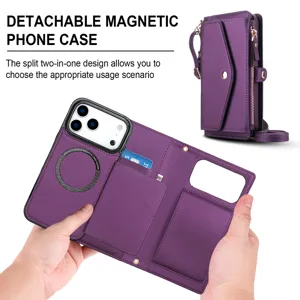 Custodia per telefono magnetica rimovibile con scomparti per carte e cinturino da polso.